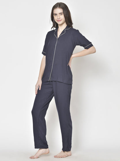 Cation Navy Blue Solid Night Suit