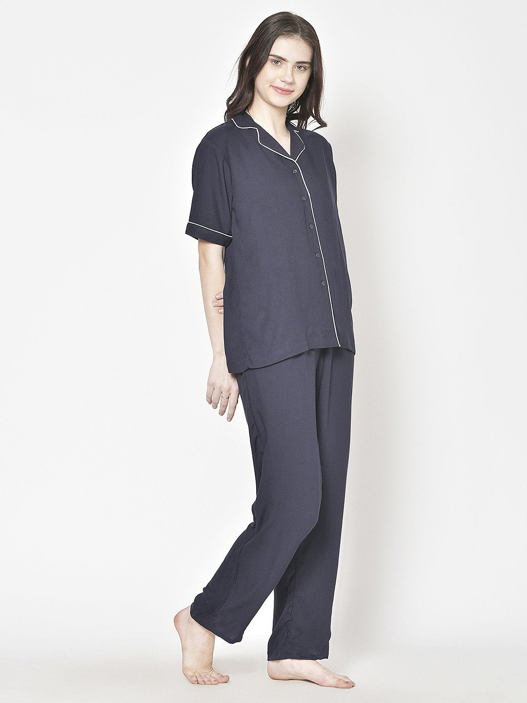 Cation Navy Blue Solid Night Suit