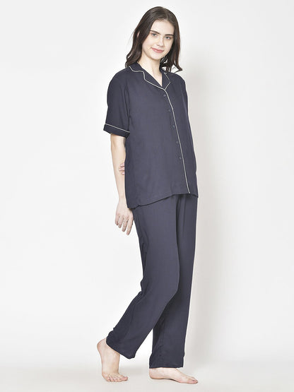 Cation Navy Blue Solid Night Suit