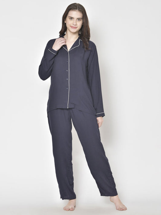 Cation Navy Blue Solid Night Suit