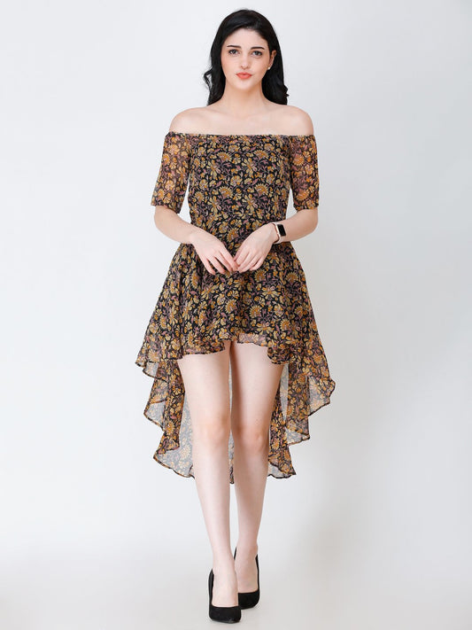 SCORPIUS BLACK PRINTED OFFSHOULDER DRESS