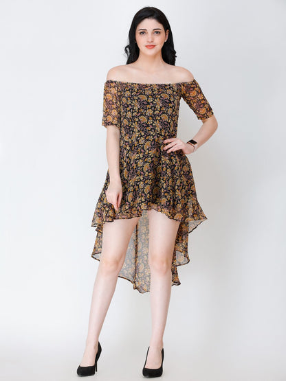 SCORPIUS BLACK PRINTED OFFSHOULDER DRESS