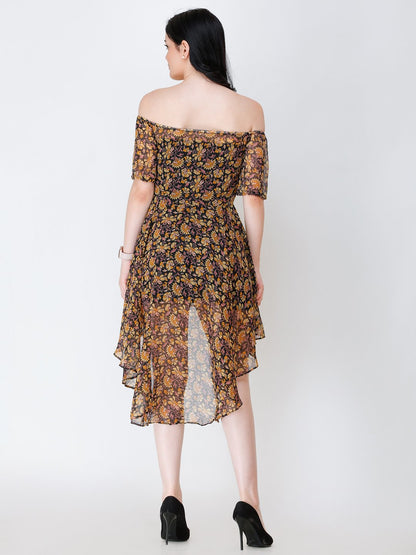 SCORPIUS BLACK PRINTED OFFSHOULDER DRESS