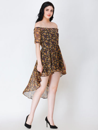 SCORPIUS BLACK PRINTED OFFSHOULDER DRESS