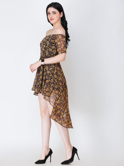 SCORPIUS BLACK PRINTED OFFSHOULDER DRESS