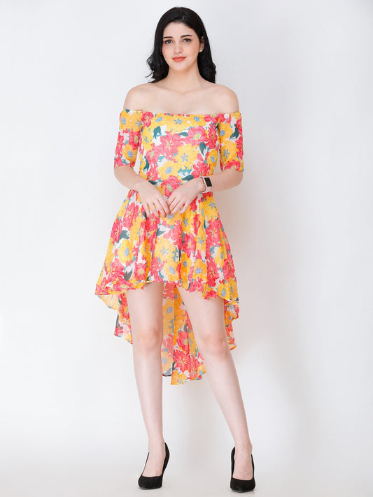 SCORPIUS Yellow PRINTED OFFSHOULDER DRESS