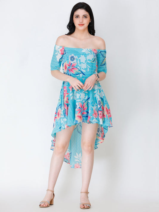 SCORPIUS BLUE PRINTED OFFSHOULDER DRESS