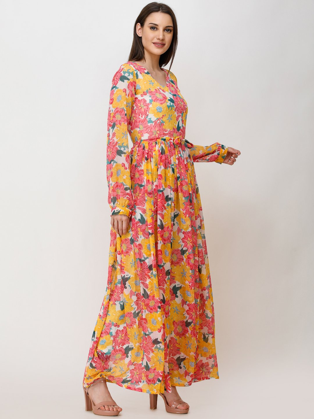 SCORPIUS YELLOW PRINTED MAXI DRESS WITH BELT