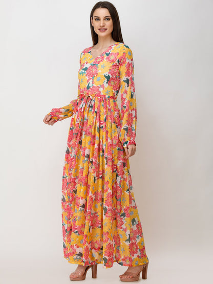 SCORPIUS YELLOW PRINTED MAXI DRESS WITH BELT