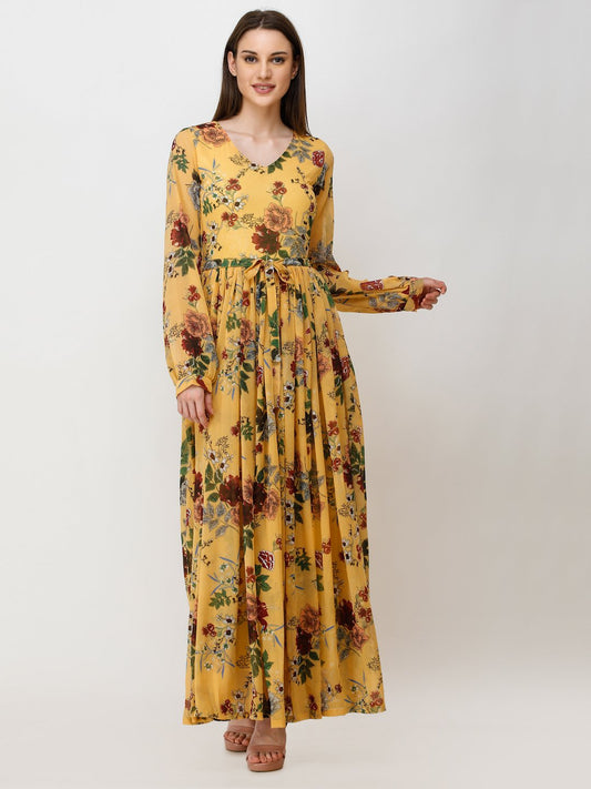 SCORPIUS YELLOW PRINTED MAXI DRESS WITH BELT