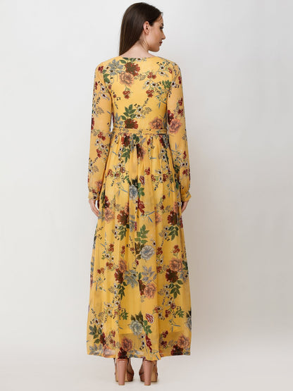 SCORPIUS YELLOW PRINTED MAXI DRESS WITH BELT