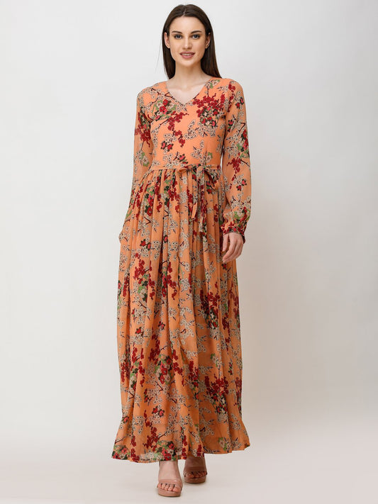 SCORPIUS ORANGE PRINTED MAXI DRESS WITH BELT