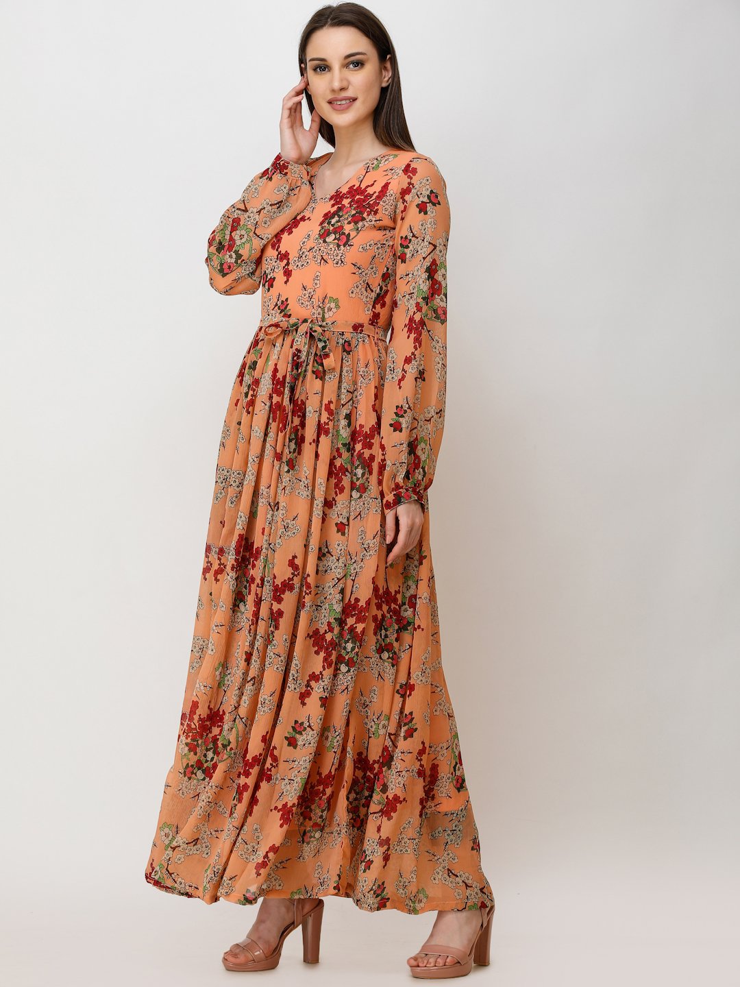 SCORPIUS ORANGE PRINTED MAXI DRESS WITH BELT