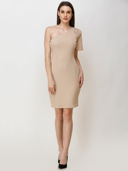 SCORPIUS BEIGE ONE SHOULDER BODYCON DRESS