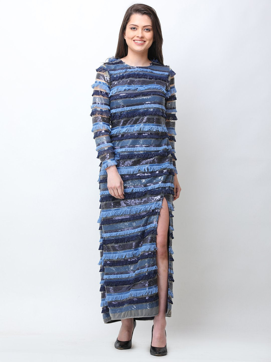 Scorpius Blue front cut sequin dress