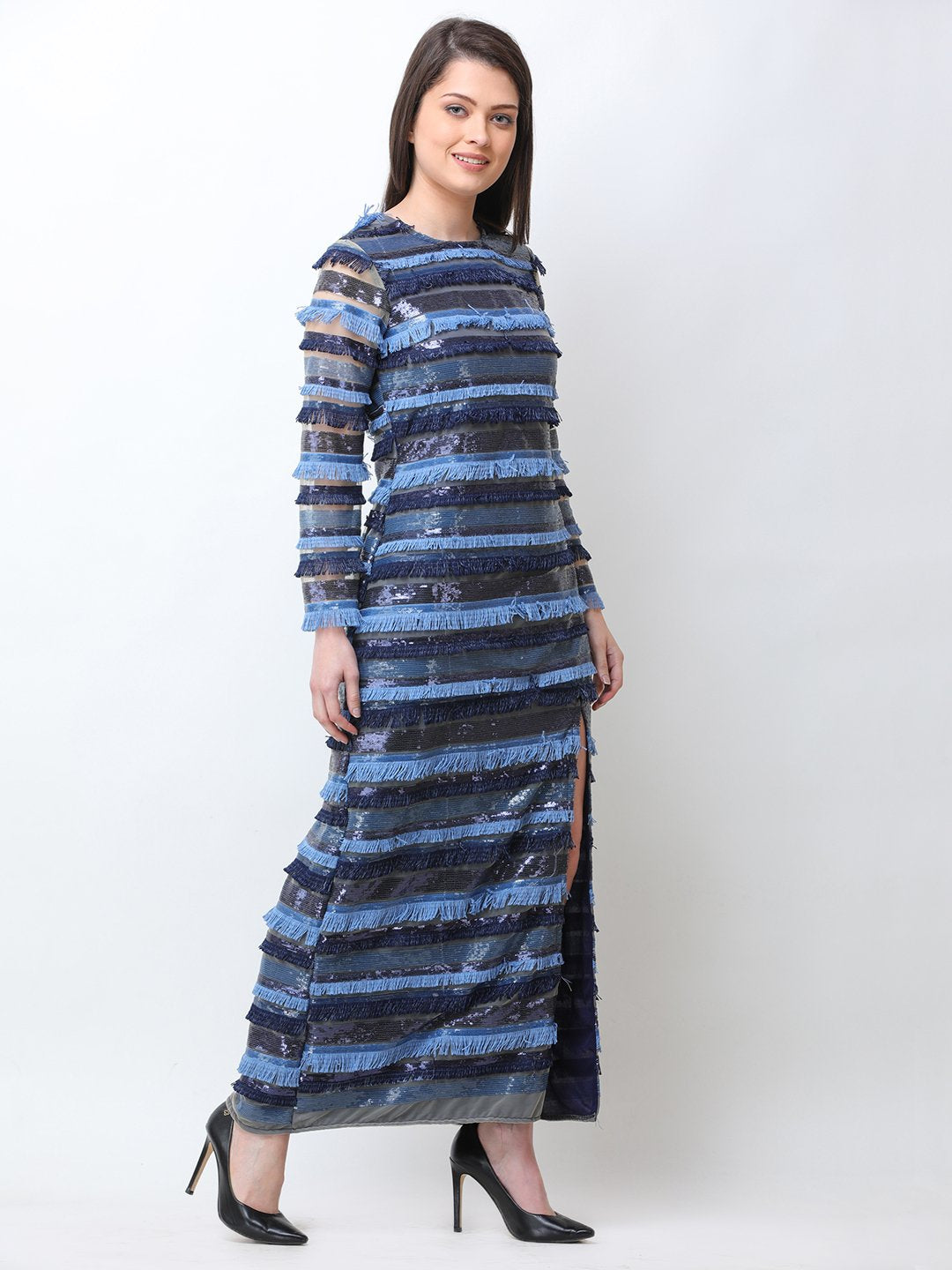 Scorpius Blue front cut sequin dress