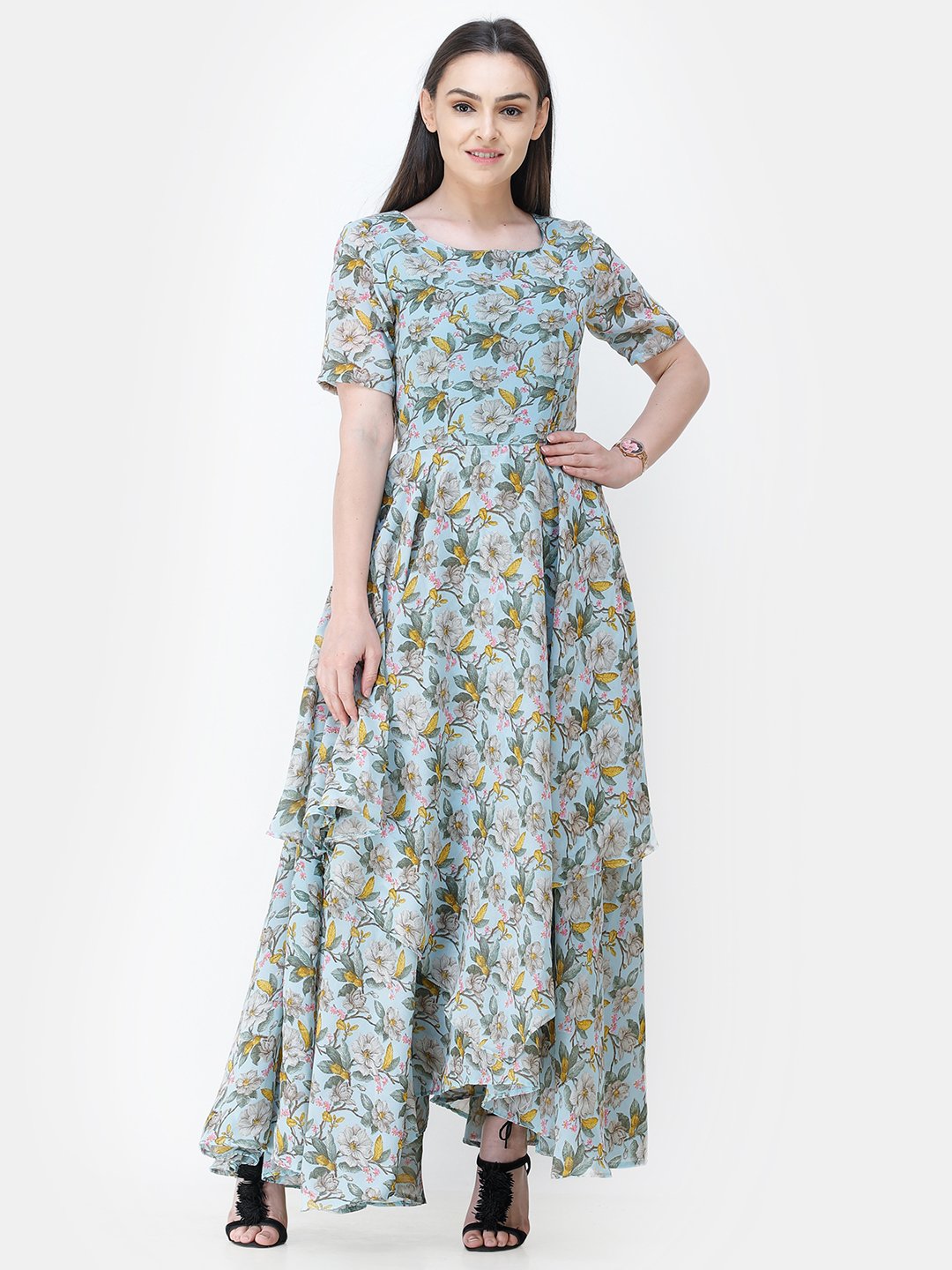 Scorpius light blue floral frilled long dress