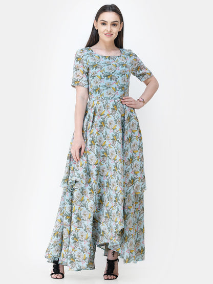 Scorpius light blue floral frilled long dress