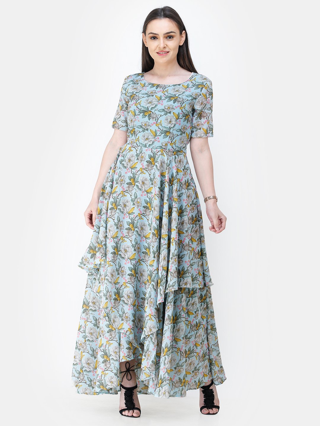 Scorpius light blue floral frilled long dress