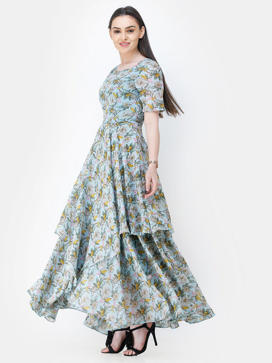 Scorpius light blue floral frilled long dress