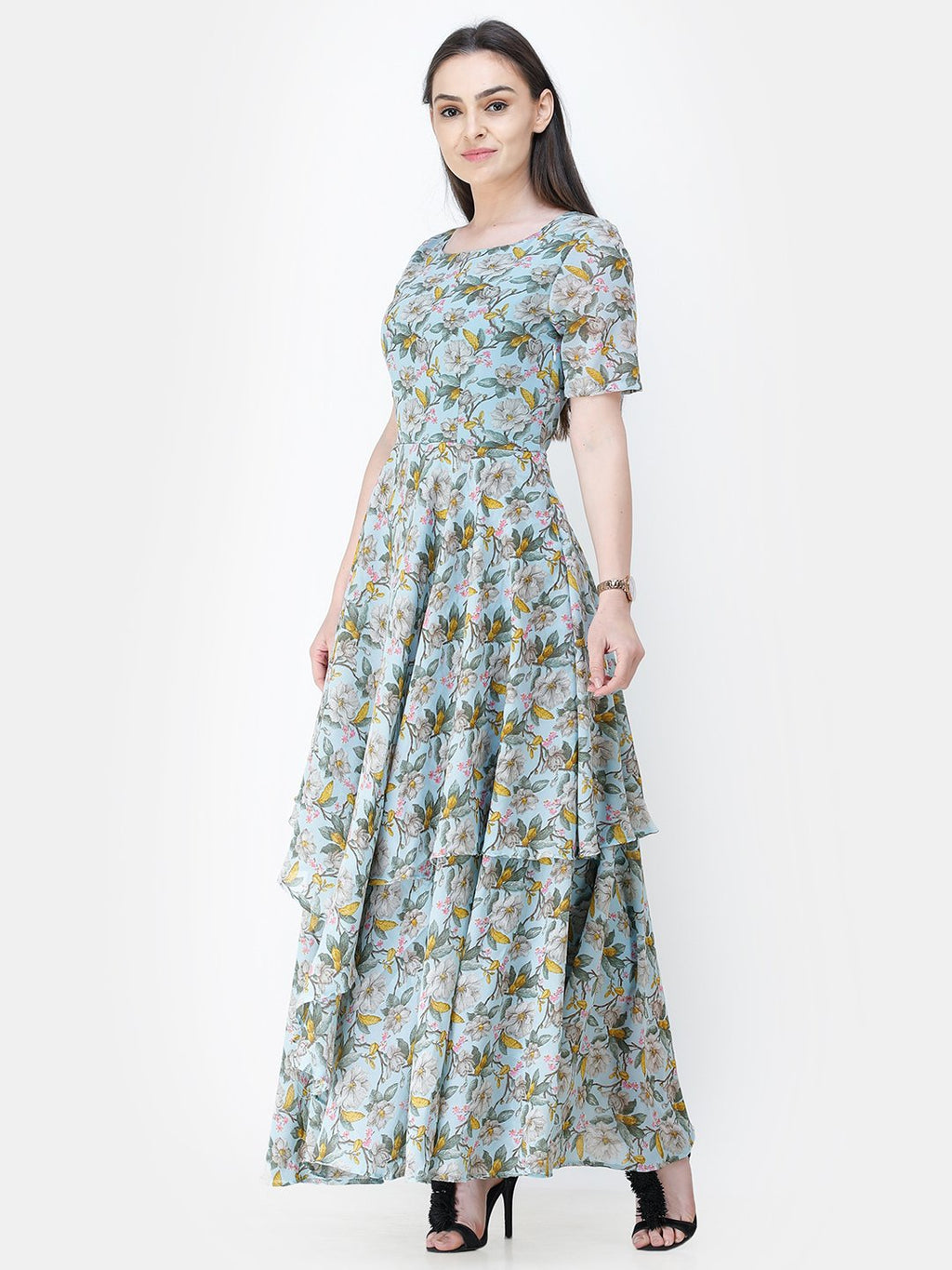 Scorpius light blue floral frilled long dress