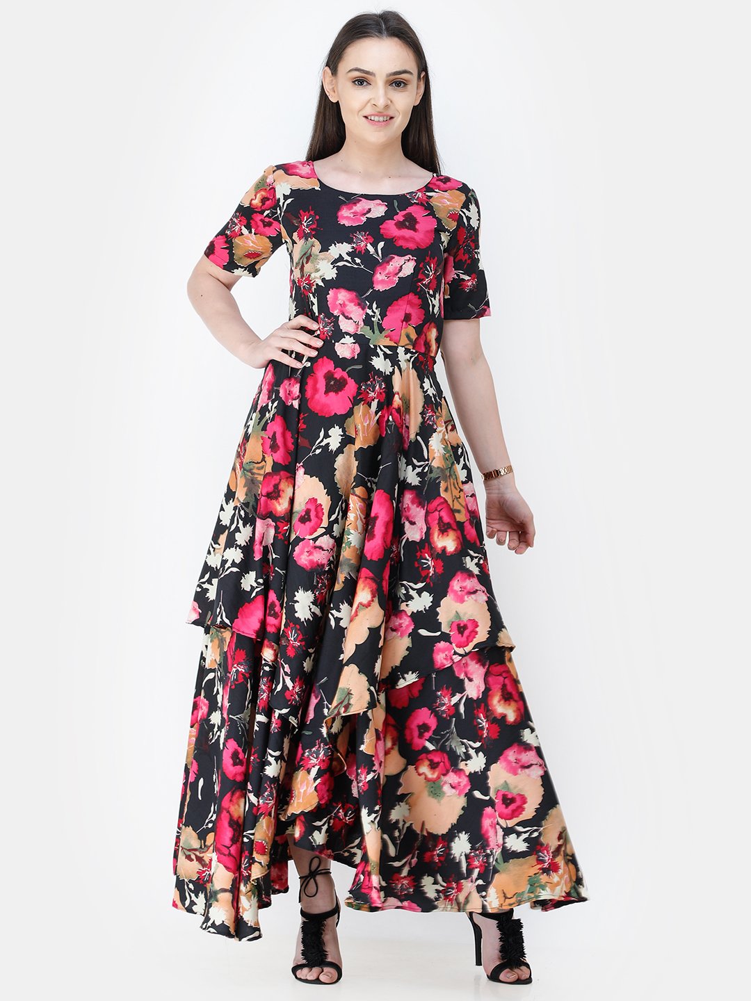 Scorpius multicolour floral frilled long dress