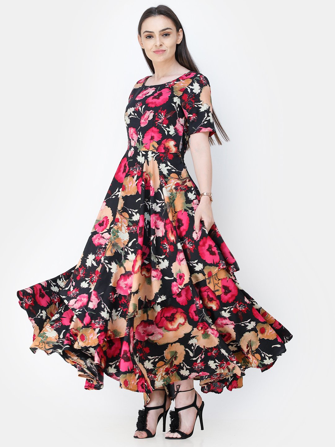Scorpius multicolour floral frilled long dress