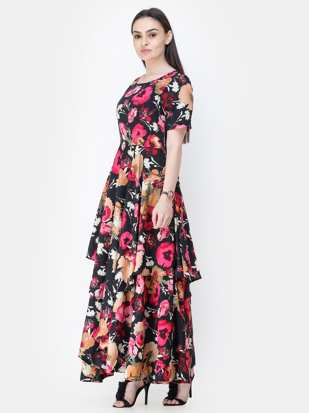 Scorpius multicolour floral frilled long dress