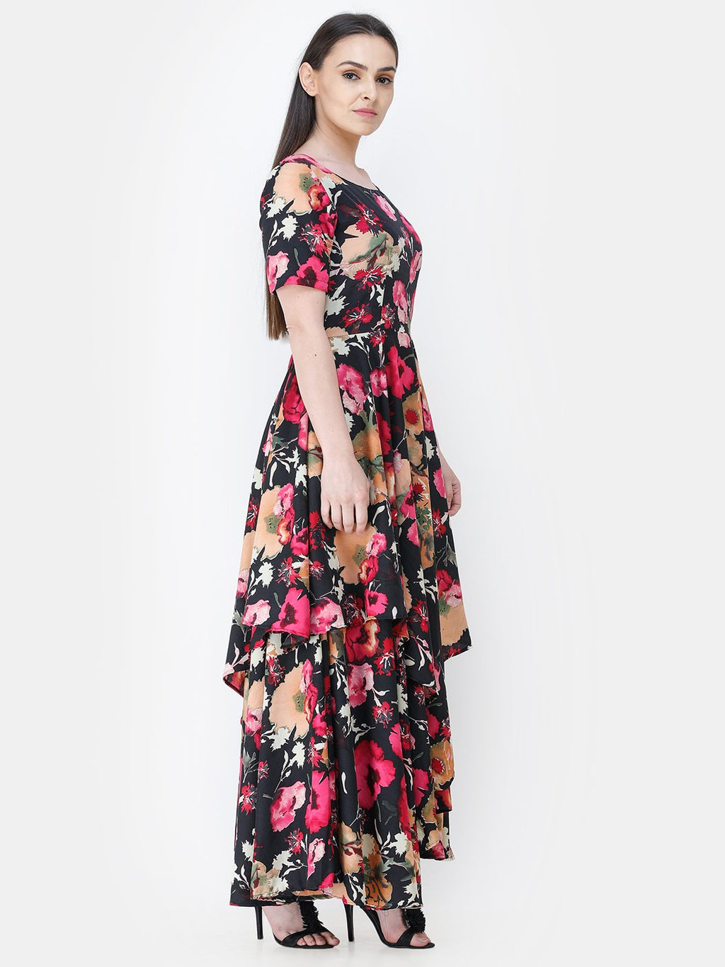 Scorpius multicolour floral frilled long dress
