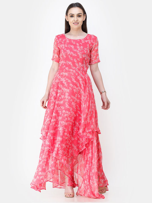 Scorpius pink floral frilled long dress