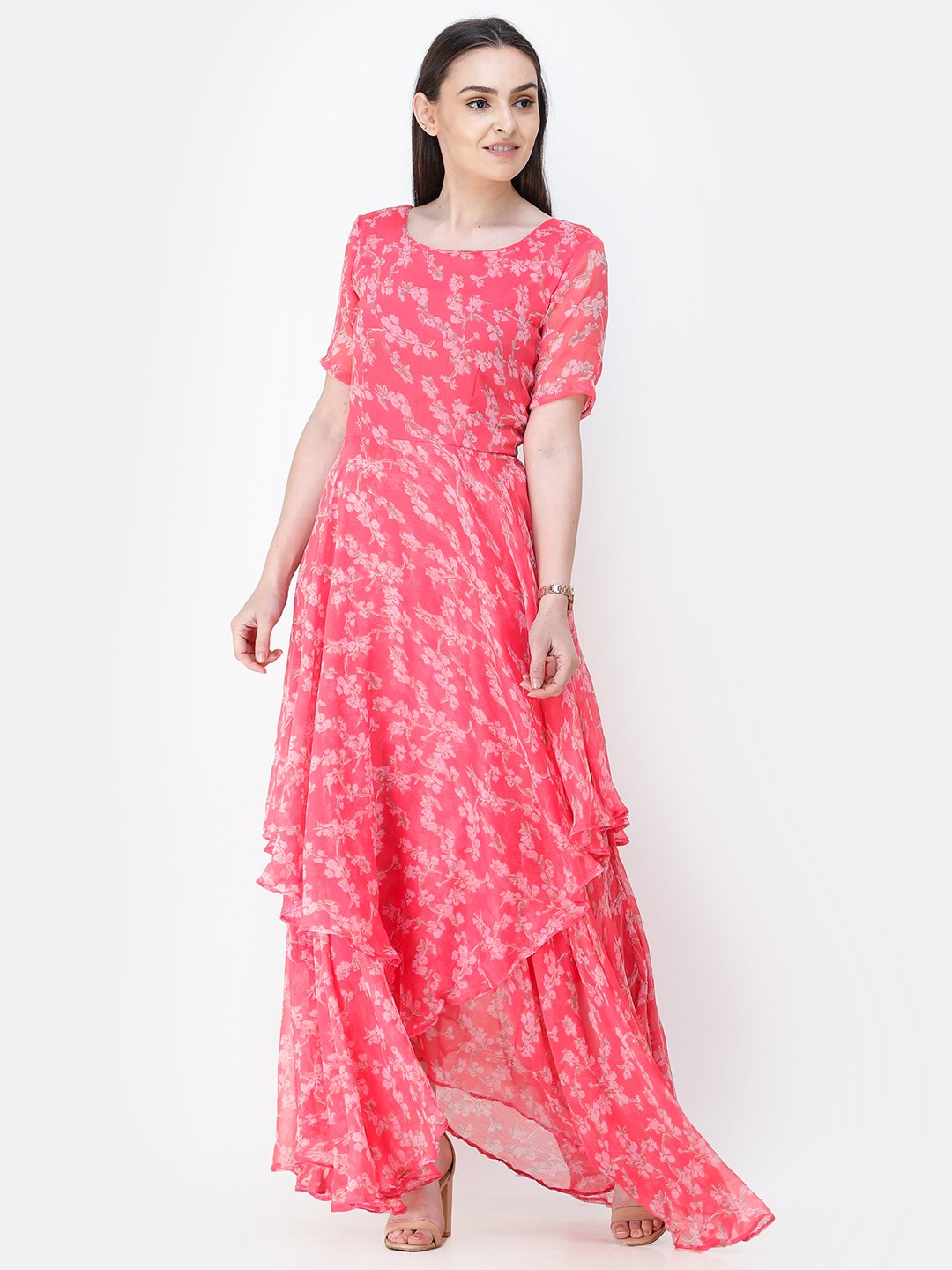 Scorpius pink floral frilled long dress