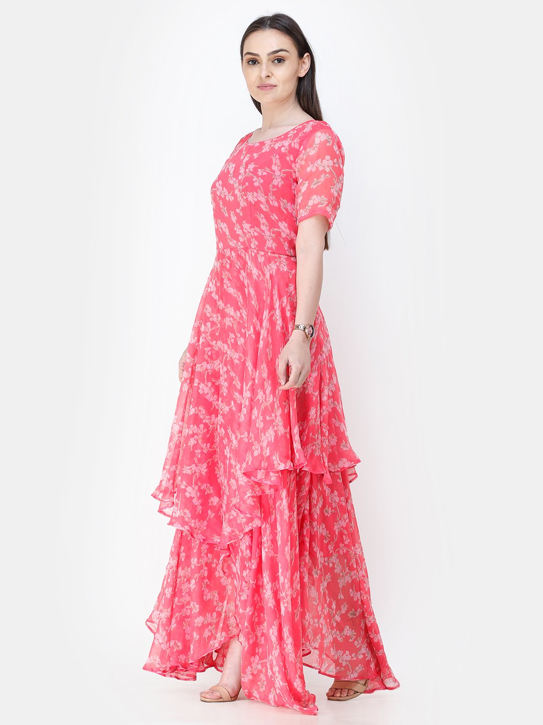 Scorpius pink floral frilled long dress