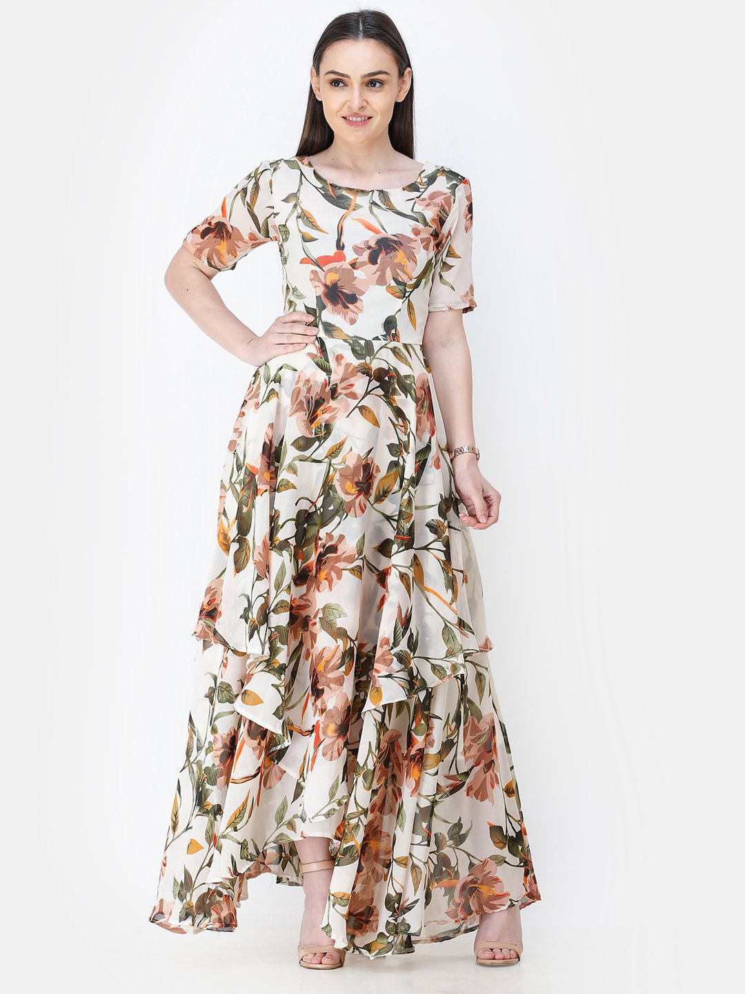 Scorpius off-white floral frilled long dress
