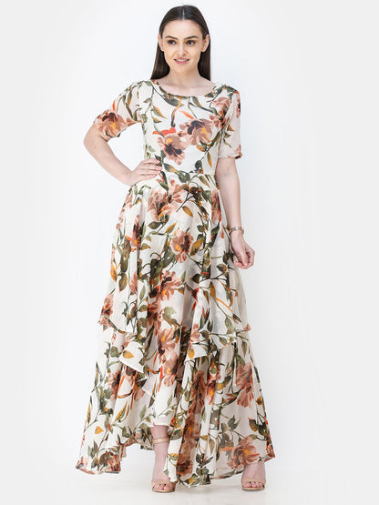 Scorpius off-white floral frilled long dress