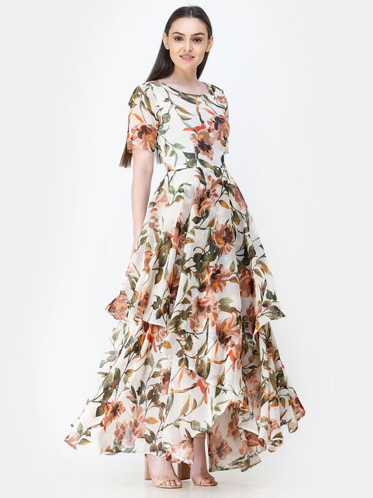 Scorpius off-white floral frilled long dress