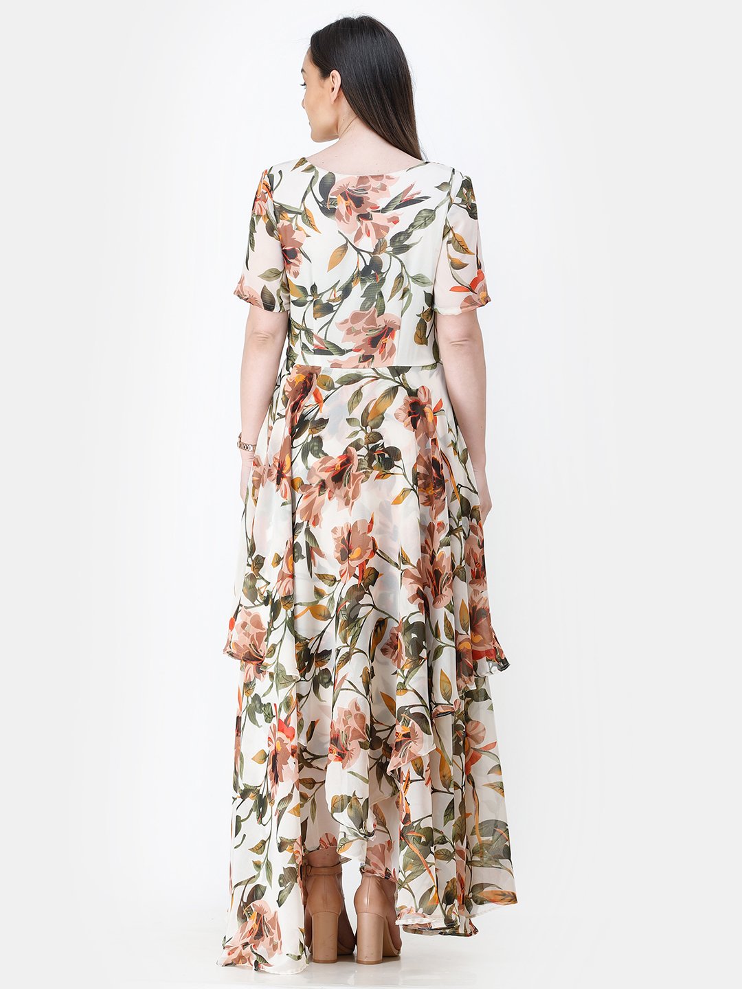Scorpius off-white floral frilled long dress