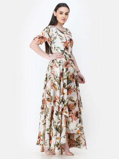 Scorpius off-white floral frilled long dress