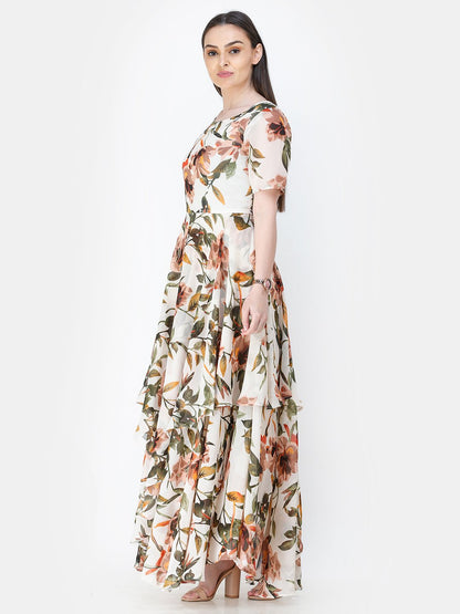 Scorpius off-white floral frilled long dress