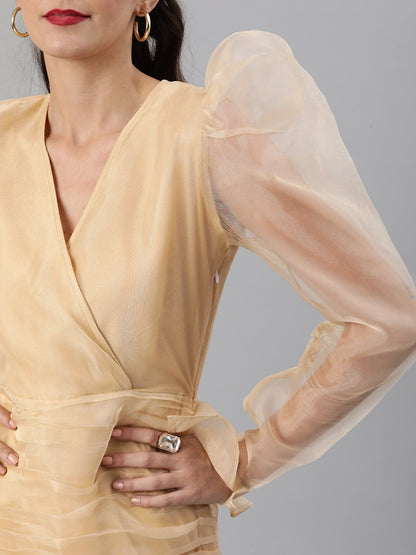 SCORPIUS Gold Power shoulder organza dress