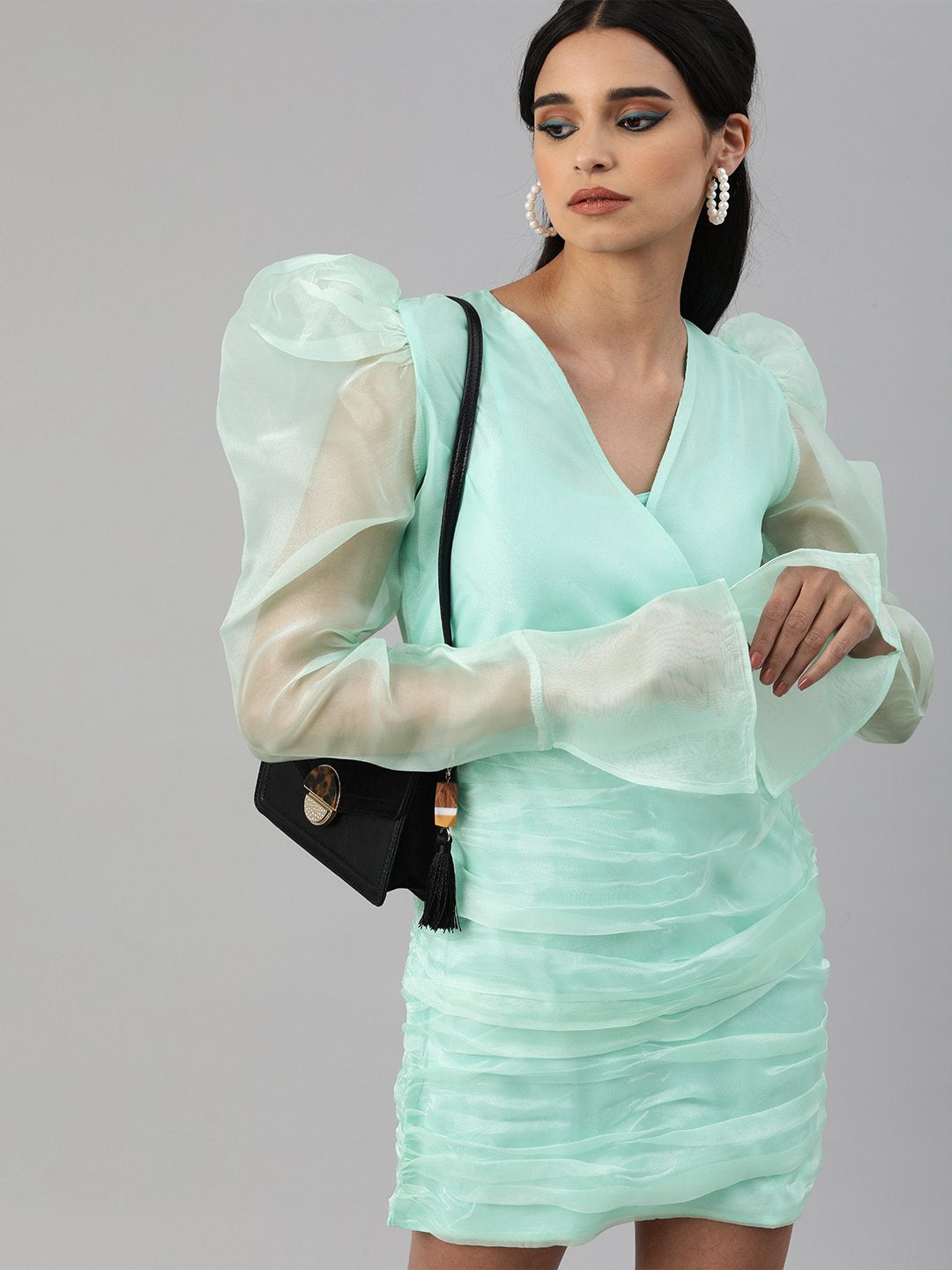 SCORPIUS Green Power shoulder organza dress