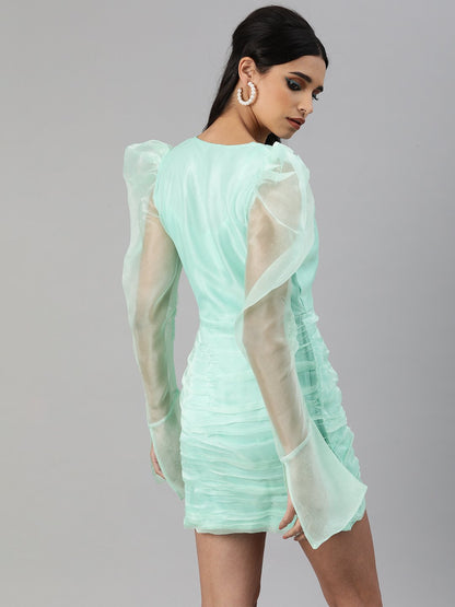 SCORPIUS Green Power shoulder organza dress