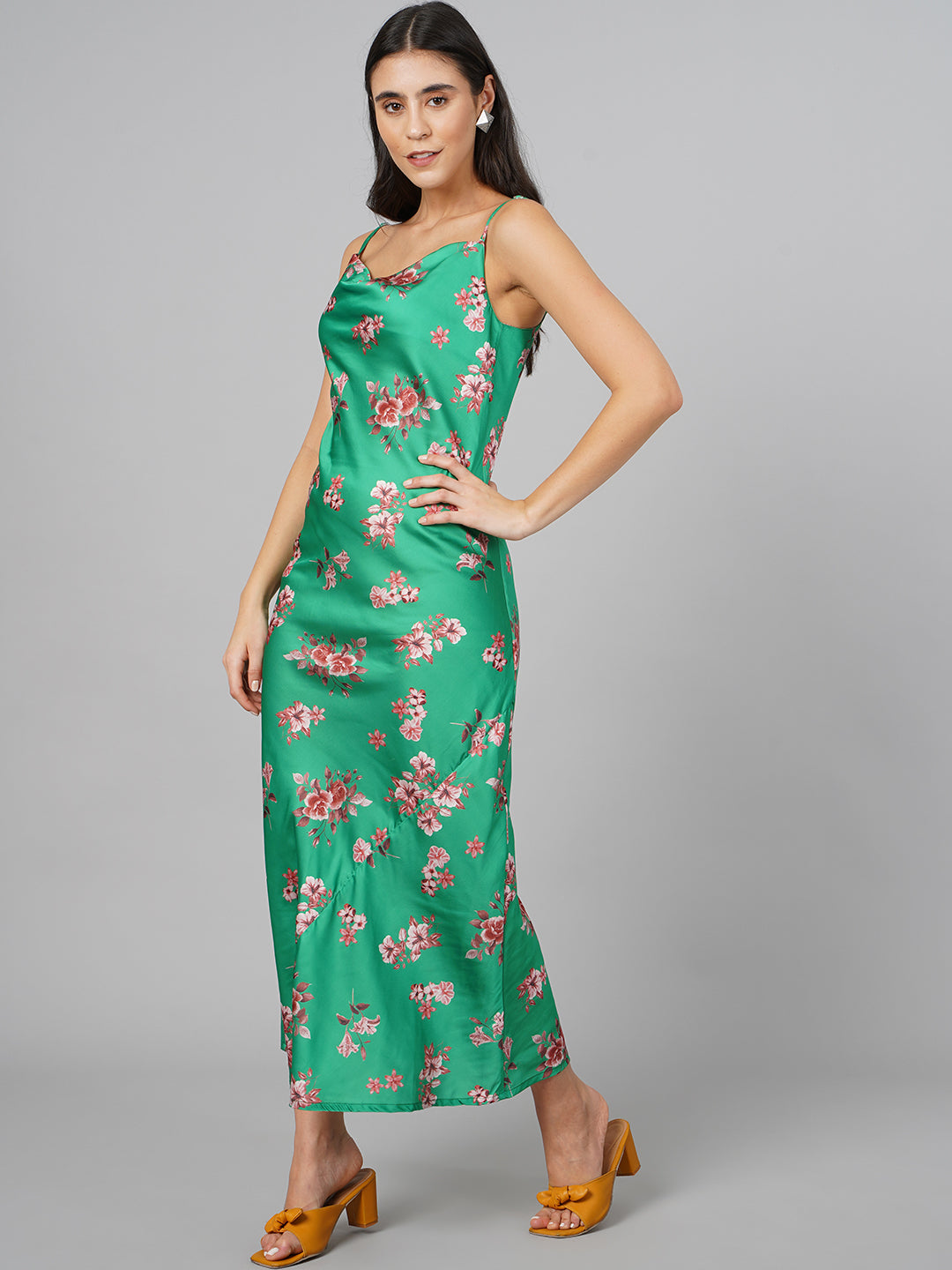 SCORPIUS Satin Green Printed Dress