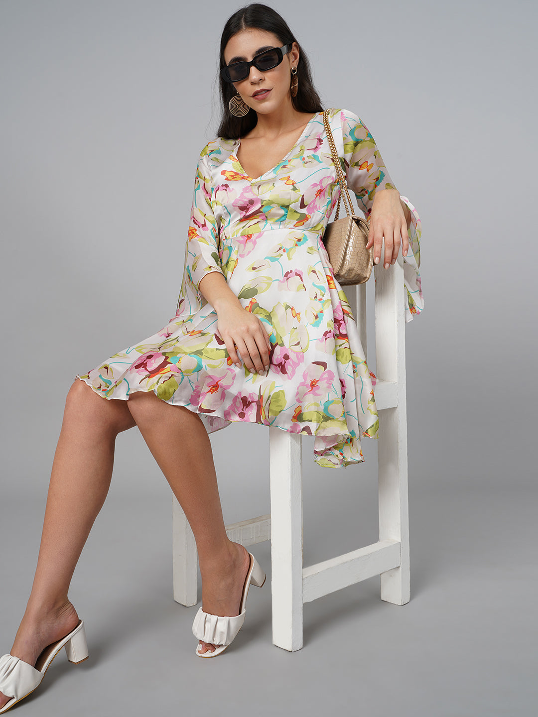 SCORPIUS Satin OffWhite Printed Dress
