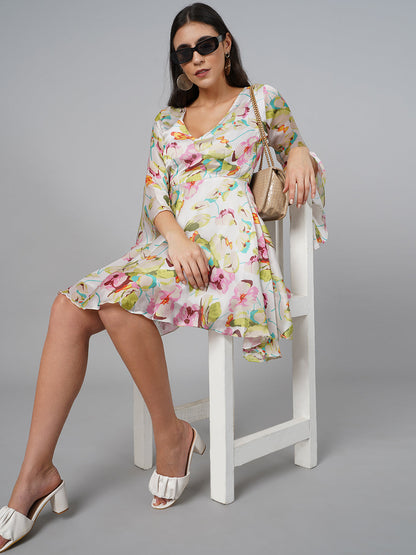 SCORPIUS Satin OffWhite Printed Dress