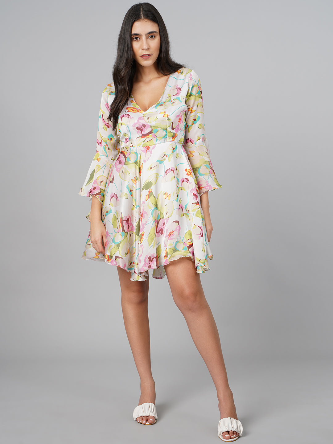 SCORPIUS Satin OffWhite Printed Dress