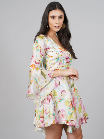 SCORPIUS Satin OffWhite Printed Dress