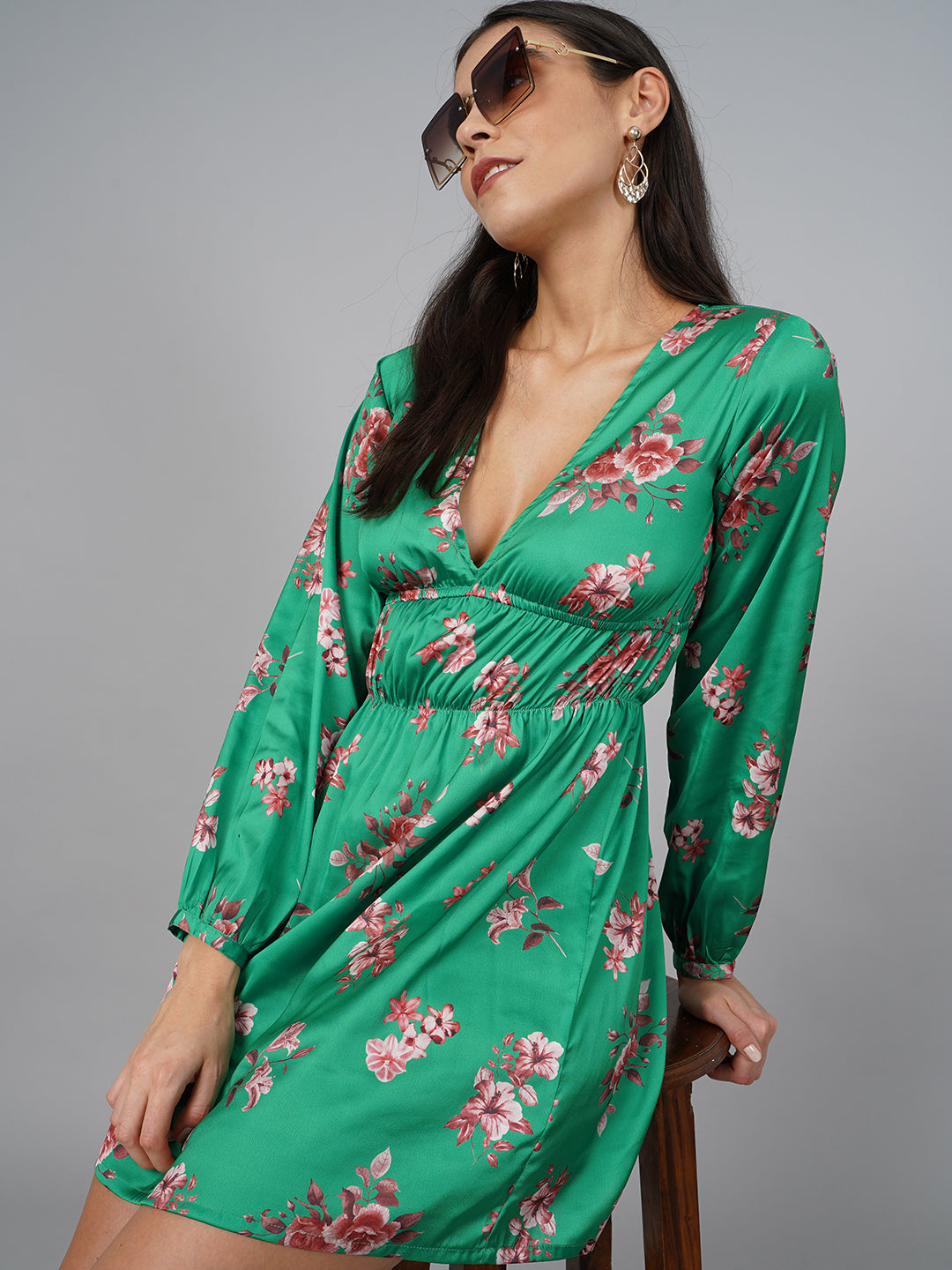 SCORPIUS Satin Green Printed Dress
