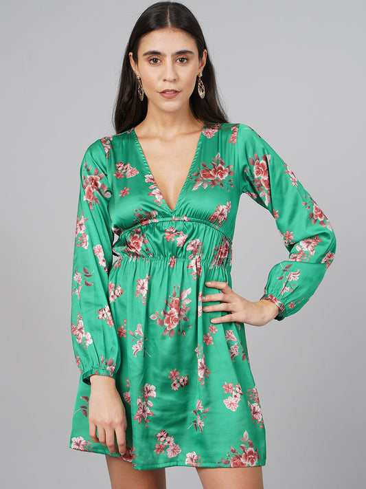 SCORPIUS Satin Green Printed Dress