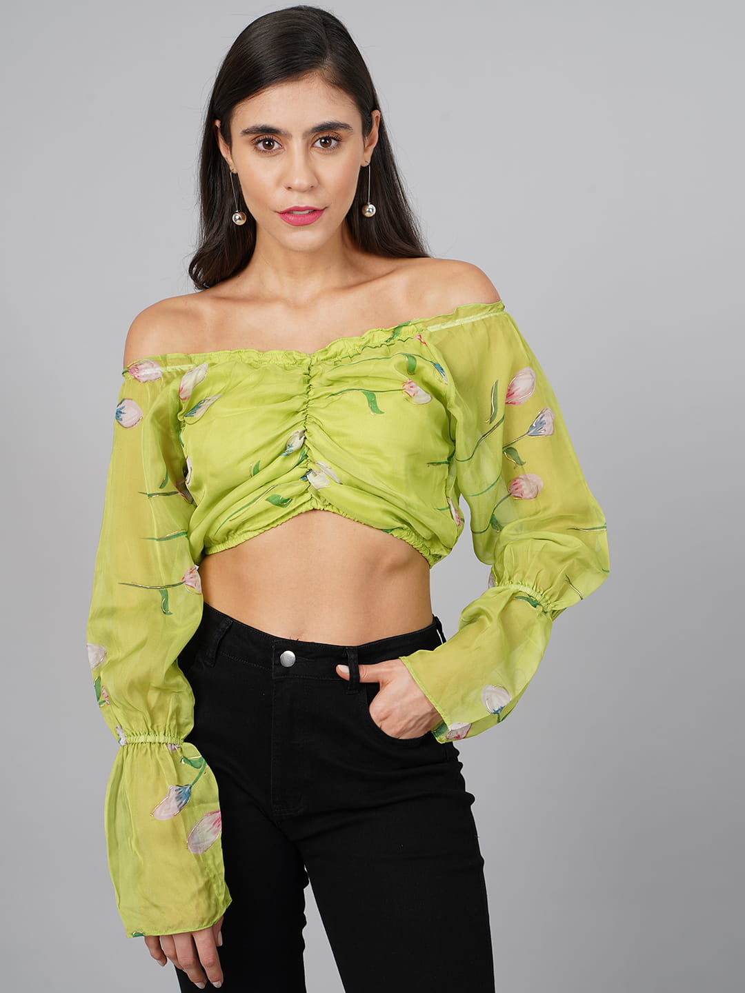 SCORPIUS Parrot Green Offshoulder Top