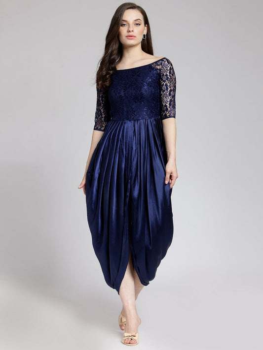 Navy Satin Lace Dress